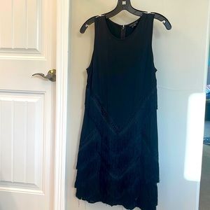 Black dress by Theory. With fringe and embroidered detail. Size 2. A line, class